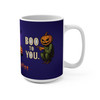 Side view of Halloween mug with pumpkin-head character and Boo to You text