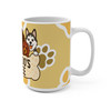 Side view of Coo Coo’s Coffee dog bone mug showing husky and paw print background