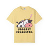 Udderly Exhausted – Sleepy Cow Coffee Tee in butter yellow, funny cow coffee graphic tee by Coo Coo’s Coffee.