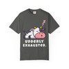 Udderly Exhausted – Sleepy Cow Coffee Tee in pepper grey, relaxed fit coffee humor shirt by Coo Coo’s Coffee.