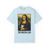 Mocha Lisa Coffee Art Tee in Chambray, soft blue artistic coffee shirt with Mona Lisa design, unisex cut by Coo Coo’s Coffee.