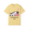 Butter yellow tee with adorable cow graphic and coffee humor slogan – Caffeinate Me, Moo shirt by Coo Coo’s Coffee.