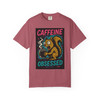 Caffeine Obsessed – Squirrel Mode Activated Tee in crimson, vibrant squirrel design, by Coo Coo’s Coffee.