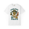 Pour-Over Pirate Tee in White – Skull & crossbones coffee pirate design with brew gear and surfboard by Coo Coo’s Coffee.