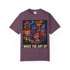 "Berry red artistic coffee tee with the energetic and colorful ‘Wake the Art Up’ design by Coo Coo’s Coffee."