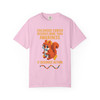 Blossom pink Childhood Cancer Tribute Tee – It Deserves Action bravery bead edition shirt with pixel squirrel and ribbon by Coo Coo’s Coffee.