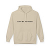 Sand-colored Childhood Cancer Tribute Hoodie by Coo Coo’s Coffee, featuring pixel squirrel design and “Let’s Be the Action” slogan for awareness and support. front graphic