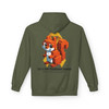 Military Green “Let’s Be the Action” Childhood Cancer Tribute Hoodie by Coo Coo’s Coffee, awareness sweatshirt with squirrel design for cause support. Back Graphic