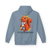Stone Blue “Let’s Be the Action” Hoodie by Coo Coo’s Coffee, Childhood Cancer Awareness tribute featuring vibrant squirrel artwork. Back graphic