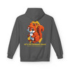 Charcoal gray Childhood Cancer Tribute Hoodie by Coo Coo’s Coffee with bold squirrel graphic and “Let’s Be the Action” support message. Back graphic