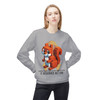 Sand color sweatshirt with pixel squirrel and orange cancer ribbon, awareness coffee apparel by Coo Coo’s Coffee. Female model