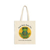Canvas tote bag featuring Bert the gecko in a meditative yoga pose with the phrase “Inner Bean, Outer Zen.” Printed design with a warm yellow sun backdrop. Eco-friendly and reusable bag by Coo Coo’s Coffee.