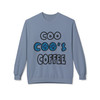 Stone Blue crewneck sweatshirt featuring the bold “Coo Coo’s Coffee” logo in black and blue paw-print lettering across the chest.