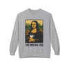 The Mocha-Lisa Coffee Art Sweatshirt in athletic sport grey, a playful take on classic art with a coffee twist, by Coo Coo’s Coffee.