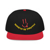 "Red and Black Brew Is Truth Snapback by Coo Coo’s Coffee – edgy coffee culture hat with embroidered smiley design."