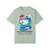 Miss Sally Rides Again Poultry-Powered Surf Tee in cool bay blue, perfect for beach days and coffee waves.