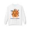 "White Molecule of Madness – Caffeine Chemistry Sweatshirt by Coo Coo’s Coffee with bold caffeine molecule graphic, cozy unisex crewneck for coffee lovers."