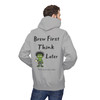 "Think Later – Brew First Hoodie by Coo Coo’s Coffee in cement grey. Features frazzled Bert the gecko holding a coffee mug with bold text 'Brew First, Think Later.' Cozy unisex hoodie for coffee lovers." Male model