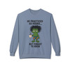 “Stone Blue sweatshirt featuring Frazzled Bert character with wild hair and coffee mug, text ‘He Practiced 40 Hours… But Forgot to Brew.’ Playful Coo Coo’s Coffee sweatshirt.”
