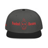 Gray/Black/Black snapback with Fueled by Beans skull design in red – Skull Roast Snapback by Coo Coo’s Coffee.