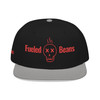 Black/Charcoal Gray/Charcoal Gray snapback hat with red skull and “Fueled by Beans” design – Fueled by Beans Skull Roast Snapback by Coo Coo’s Coffee.