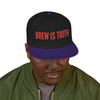 Black/Purple/Black Snapback Hat – Brew Is Truth embroidery in bold red on a black crown with deep purple visor, streetwear snapback by Coo Coo’s Coffee. Top side view