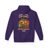 Purple hoodie with the Bert drummer artwork and More Coffee… More Cowbell – Coffee Roaster Tour text. Fun and bold design for coffee lovers with a music edge.