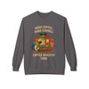 Charcoal grey More Coffee… More Cowbell – Coffee Roaster Tour Sweatshirt by Coo Coo’s Coffee, bold retro-inspired design with Bert the gecko on percussion.