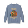 Stone blue Coffee Roaster Tour Sweatshirt by Coo Coo’s Coffee – More Coffee… More Cowbell graphic with Bert drumming in vintage rock band style.
