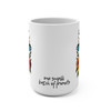 Back view of Tiki Time Blooms mug showing ‘one small batch of friends’ text between floral tiki graphics.