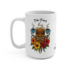 Angled view of Tiki Time Blooms 15oz mug highlighting the tropical tiki and hibiscus coffee design.