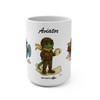 Bert the Aviator 15oz coffee mug with cartoon gecko pilot standing on clouds, holding coffee