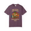 “Berry-colored More Coffee, More Cowbell – Bert’s Roaster Tour Tee by Coo Coo’s Coffee – gecko band tour graphic for coffee and music lovers”