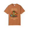 “More Coffee, More Cowbell – Bert’s Roaster Tour Tee in yam by Coo Coo’s Coffee – gecko mascot Bert drumming with coffee roaster tour concert artwork”