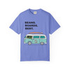 Flo Blue garment-dyed tee with “BEANS. BOARDS. BERT.” text and teal surf van with roof board—clean coastal graphic.