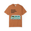 Yam (burnt orange) tee with Beans. Boards. Bert. wording and surf van art—bonfire beach feel.