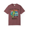 Beans. Boards. Bert. coffee t-shirt — surf gecko Bert with a retro aqua camper van and longboard printed on the front, brick