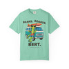 Beans. Boards. Bert. coffee t-shirt — surf gecko Bert with a retro aqua camper van and longboard printed on the front, island reef