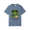 “Small Batch of Friends Cool Gecko Tee in blue jean by Coo Coo’s Coffee – retro coffee lifestyle tee”