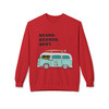 Red crewneck sweatshirt with Bert’s surf van illustration and “Beans. Boards. Bert.” slogan – bold, surf-inspired coffee apparel.