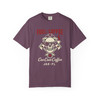 “Pit Crew Brew JAX Engine Skull Tee by Coo Coo’s Coffee in berry red — statement skull-and-piston graphic tee blending bold coffee culture with garage style.”