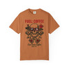 : Yam orange unisex t-shirt featuring skull and pistons design, red "Fuel: Coffee" lettering, and JAX FL branding by Coo Coo’s Coffee.