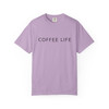 "Coffee Life – Daily Drip Tee in Orchid purple by Coo Coo’s Coffee. Minimalist text coffee shirt in bold color, garment-dyed cotton unisex style."