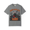 Coffee Is My Life’s Blood’ Halloween graphic t-shirt in gray, front view