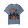 Coffee Is My Life’s Blood’ Halloween graphic t-shirt in blue jean, front view