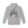 “Sport grey hoodie showing Bert the gecko playing a blue drum kit with slogan ‘Geckos Don’t Sleep, They Drum!,’ Hoodie by Coo Coo’s Coffee.”