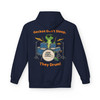 “Navy hoodie featuring Bert the gecko rocking out on blue drums, bold text ‘Geckos Don’t Sleep, They Drum!,’ Hoodie by Coo Coo’s Coffee.”