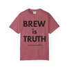 Brew Is Truth tee in Crimson red – bold graphic coffee shirt by Coo Coo’s Coffee