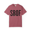 SBOF Peek-a-Boo Bert tee in Crimson — vintage pop with SBOF monogram + tiny Bert — Coo Coo’s Coffee.