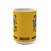 Back view of Brew Good Vibes skeletons mug showing SBOF text on yellow background.